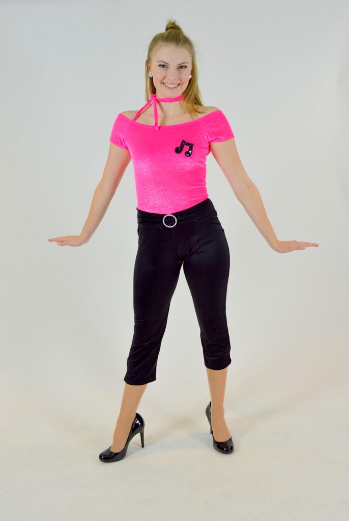 GREASE COSTUME PINK AND BLACK UNITARD AND SCARF The Costume Closet