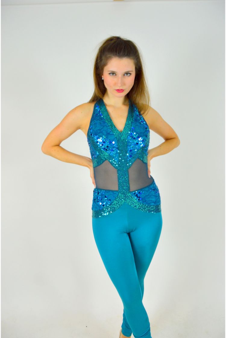 TEAL SEQUIN AND SHEER UNITARD | The Costume Closet