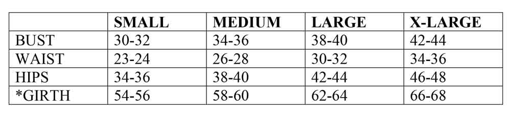 Size Chart with Measurements - The Costume Closet