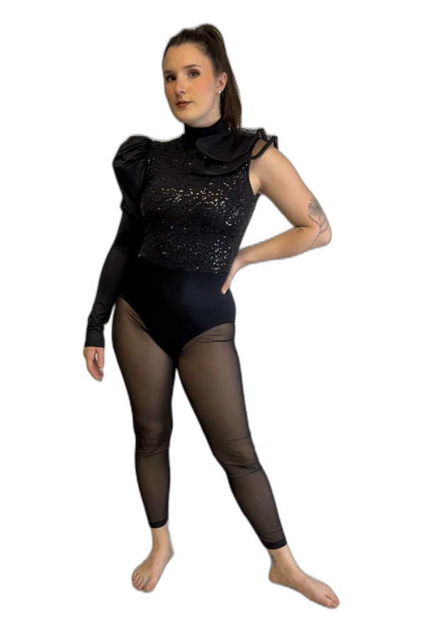 BLACK ASYMMETRICAL RUFFLE UNITARD