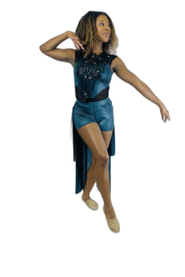 Teal Skirted Biketard with Black Rhinestone Applique - Image 2