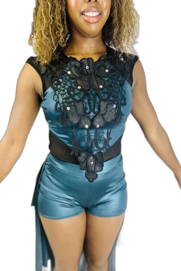 Teal Skirted Biketard with Black Rhinestone Applique - Image 3