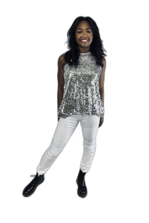 silver sequin tunic with white jeans