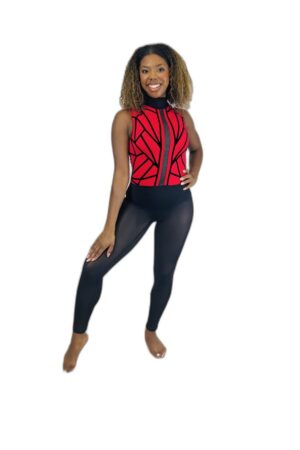 striking red and black sleeveless unitard, featuring a bold Spiderman design