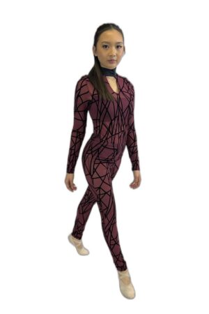 sheer burgundy unitard with black spiderman graphic design