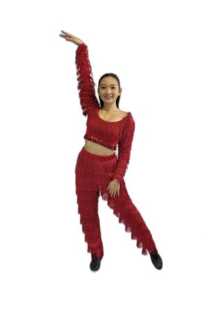 red fringe crop top and pants