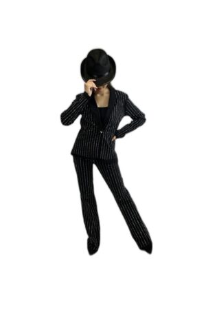 black pinstriped pant suit